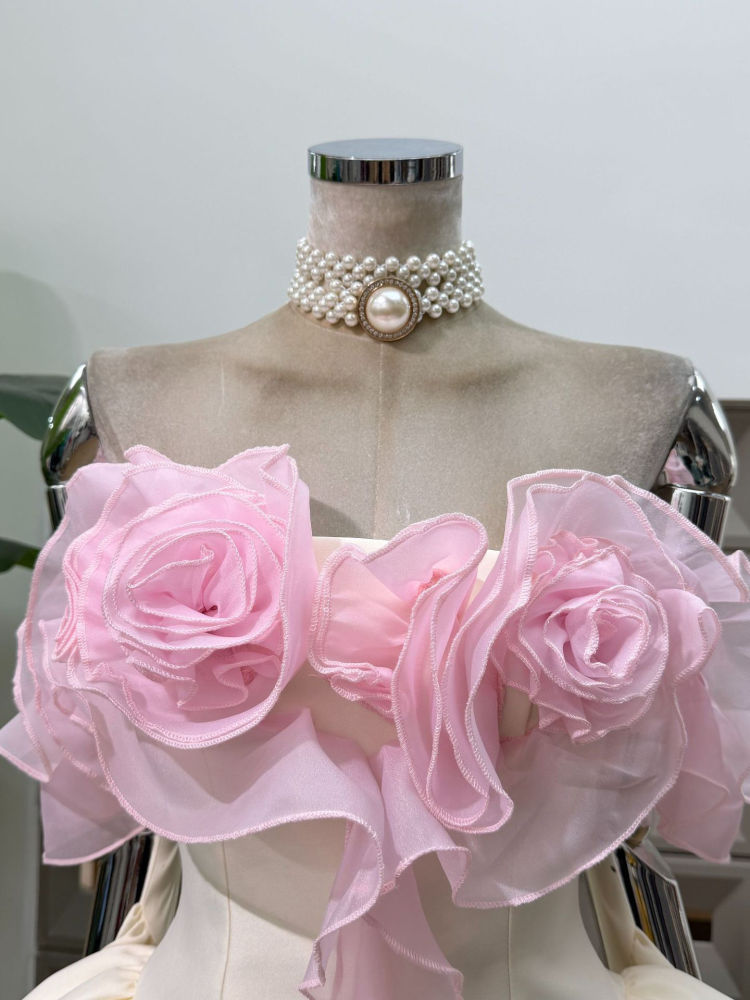 TWOTWINSTYLE  Off Shoulder Hit Color Spliced 3d Flower Elegant Dress