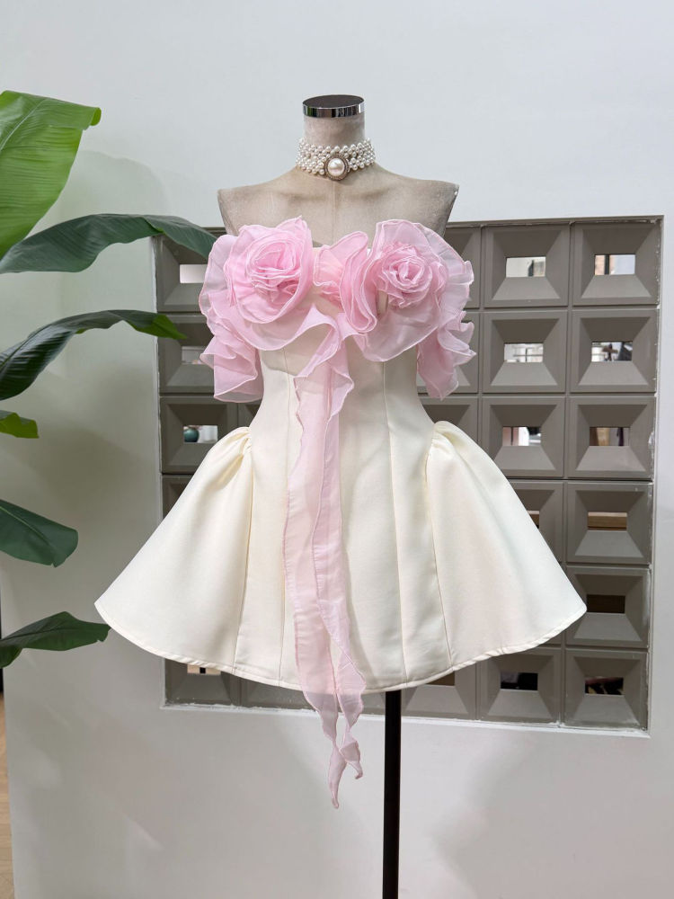 TWOTWINSTYLE  Off Shoulder Hit Color Spliced 3d Flower Elegant Dress