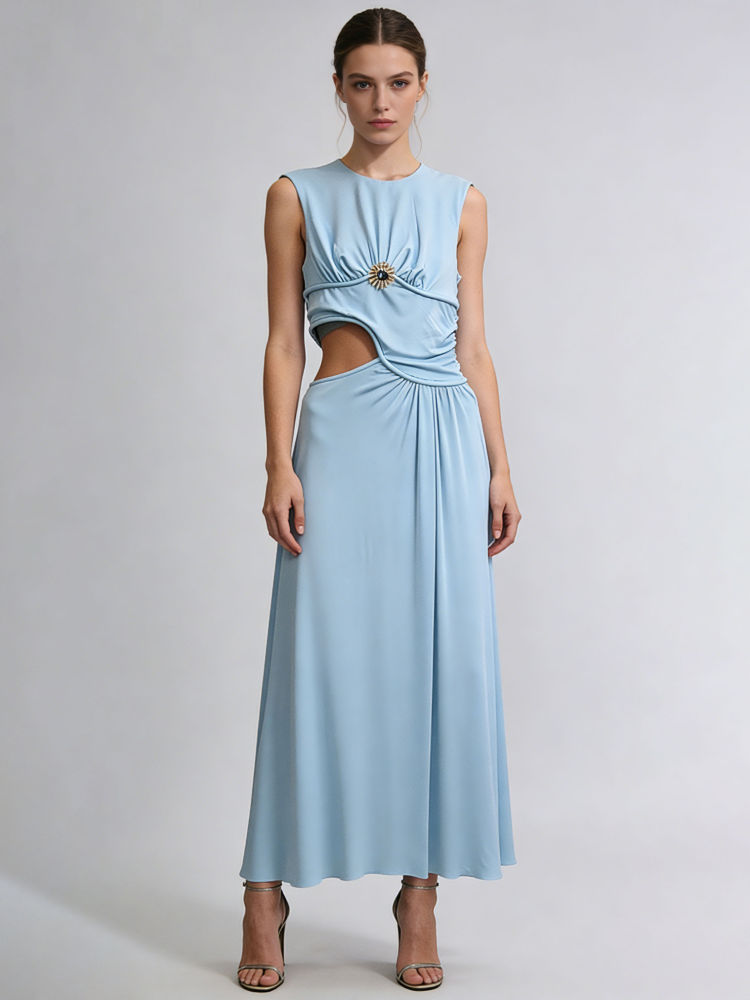 TWOTWINSTYLE Round Neck Sleeveles Hollow Out Designer Dress