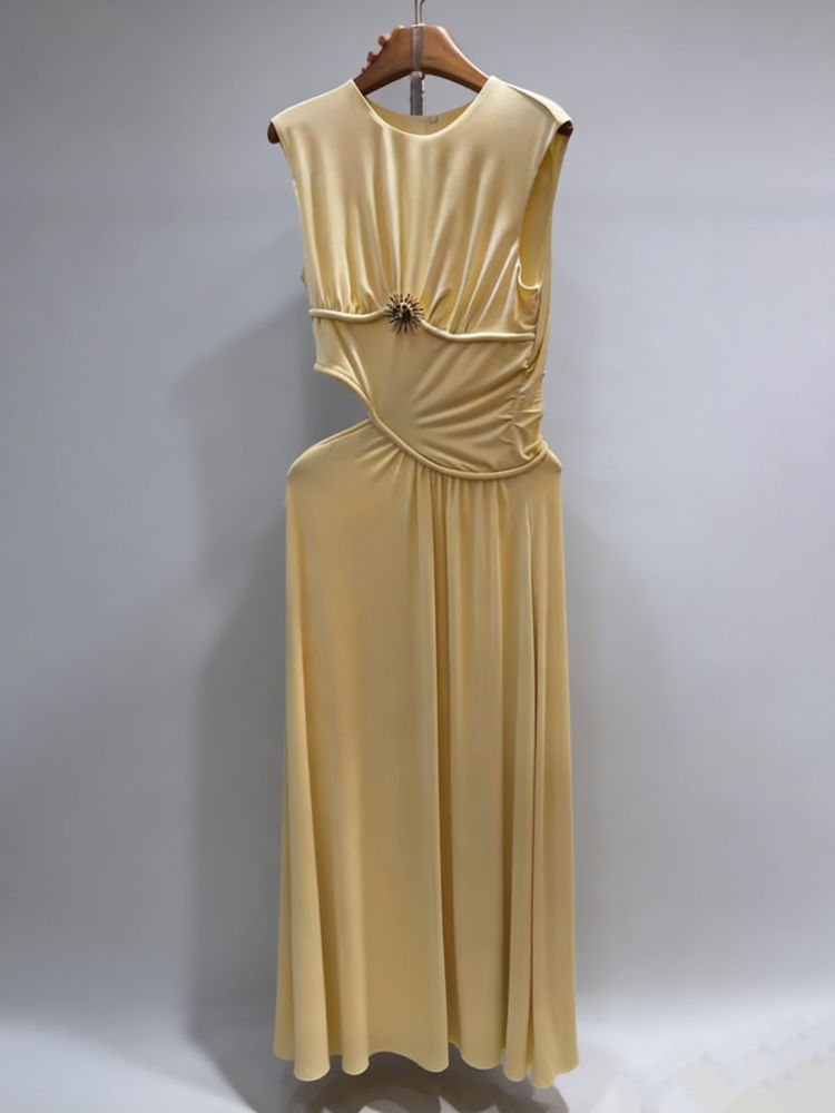 TWOTWINSTYLE Round Neck Sleeveles Hollow Out Designer Dress