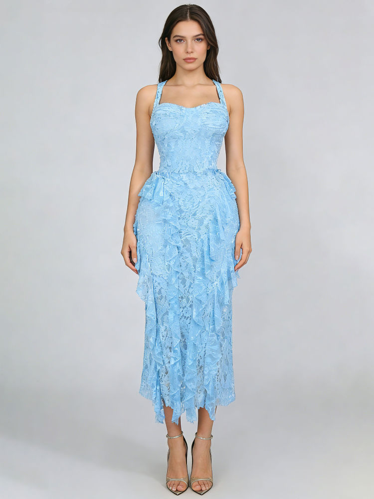 TWOTWINSTYLE Sleeveles Tunic Spliced Lace Ruffles Elegant Dress