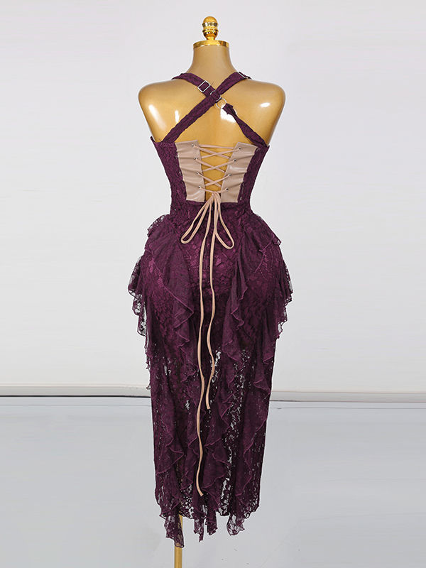 TWOTWINSTYLE Sleeveles Tunic Spliced Lace Ruffles Elegant Dress