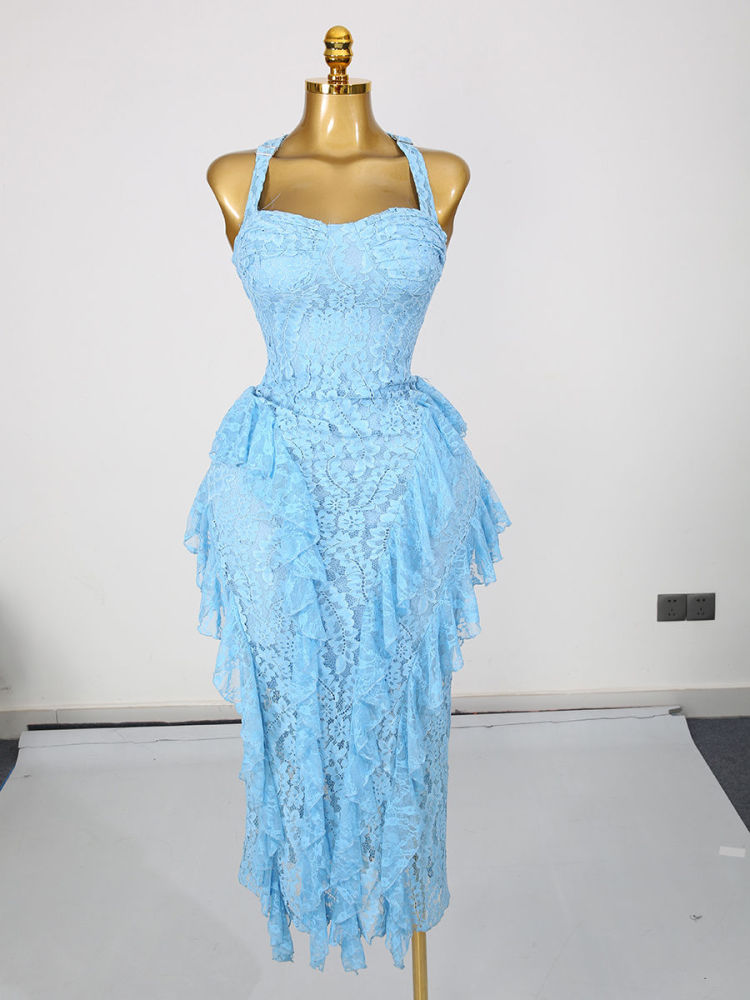 TWOTWINSTYLE Sleeveles Tunic Spliced Lace Ruffles Elegant Dress