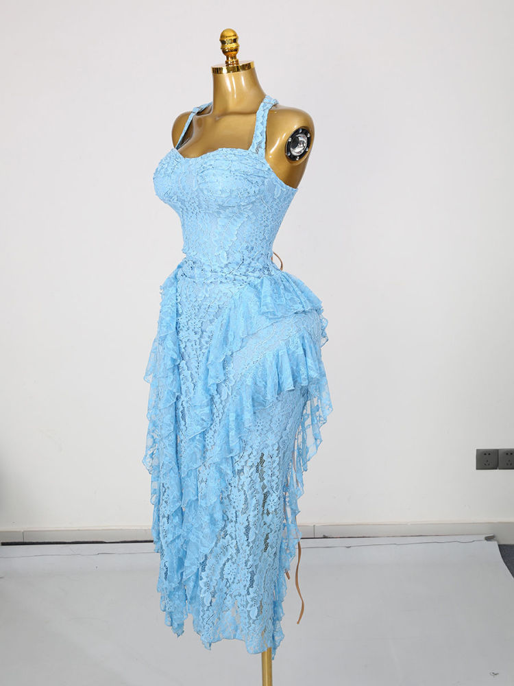 TWOTWINSTYLE Sleeveles Tunic Spliced Lace Ruffles Elegant Dress