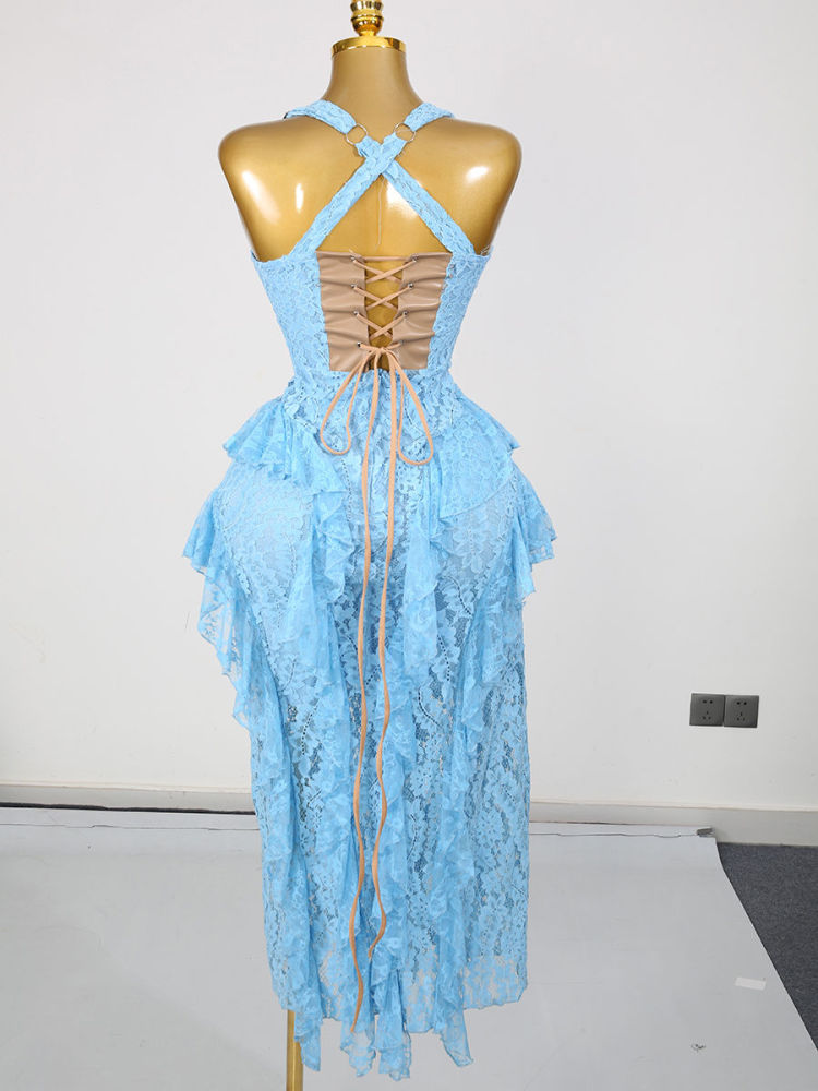 TWOTWINSTYLE Sleeveles Tunic Spliced Lace Ruffles Elegant Dress