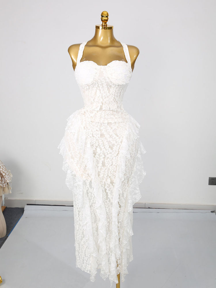 TWOTWINSTYLE Sleeveles Tunic Spliced Lace Ruffles Elegant Dress