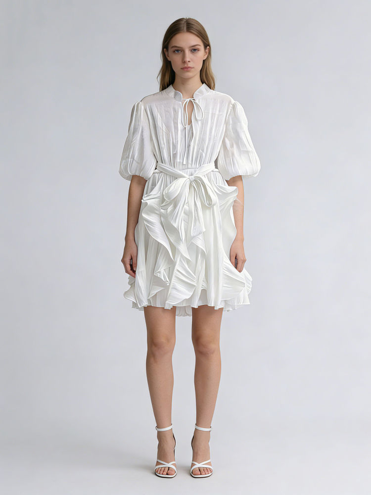 TWOTWINSTYLE Stand Collar Patchwork Ruffles High Waist Fashion Dress