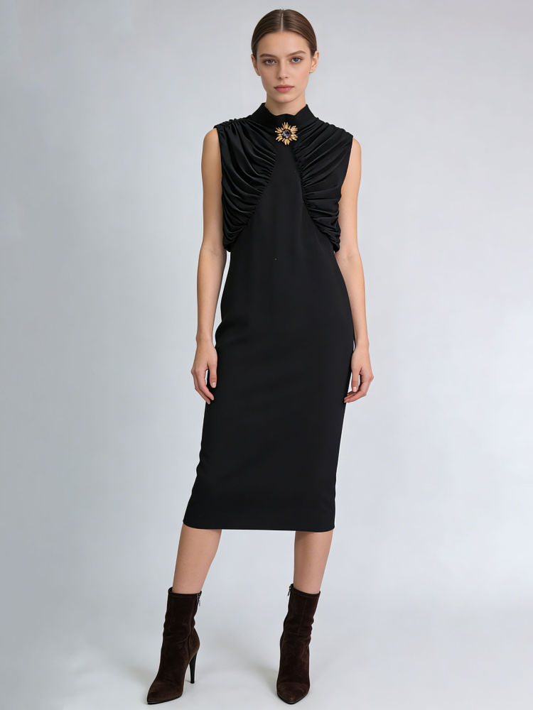 TWOTWINSTYLE Stand Collar Sleeveles Pleated Minimalist Dress