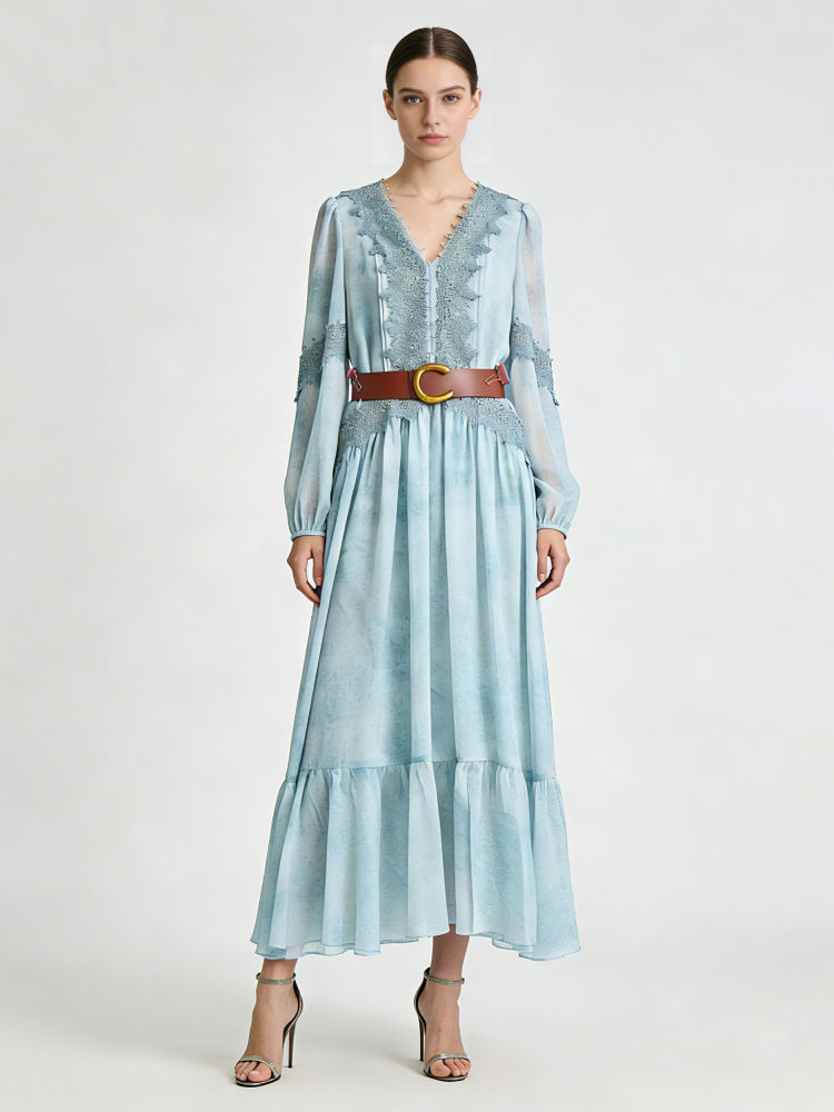 TWOTWINSTYLE V Neck Long Sleeve Spliced Belt Vintage Dress