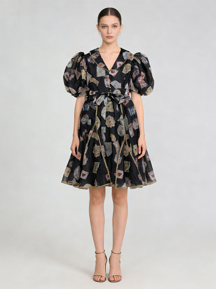TWOTWINSTYLE V Neck Puff Sleeve Spliced Print Vintage Dress
