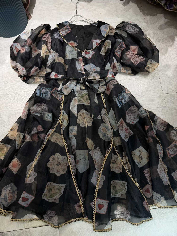 TWOTWINSTYLE V Neck Puff Sleeve Spliced Print Vintage Dress