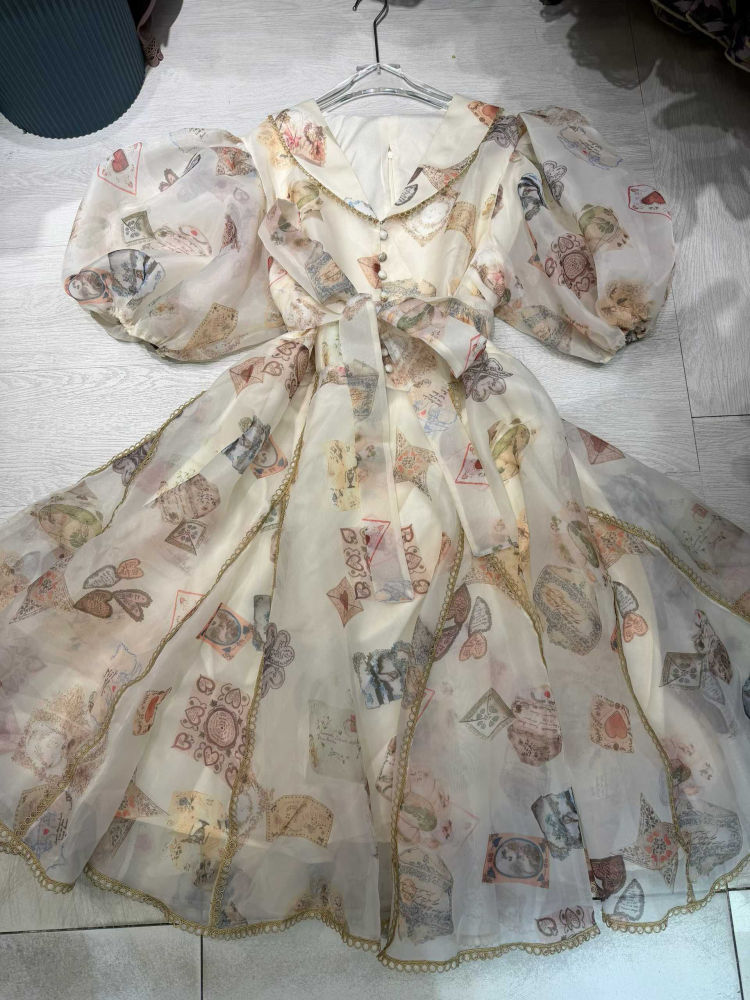 TWOTWINSTYLE V Neck Puff Sleeve Spliced Print Vintage Dress