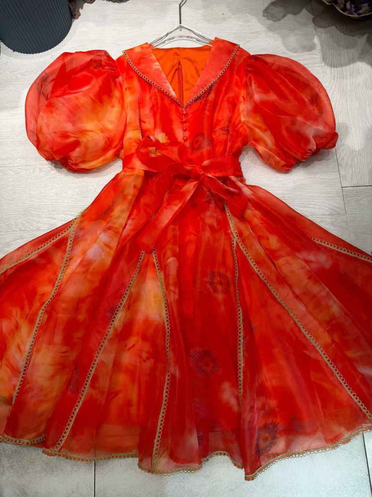 TWOTWINSTYLE V Neck Puff Sleeve Spliced Print Vintage Dress