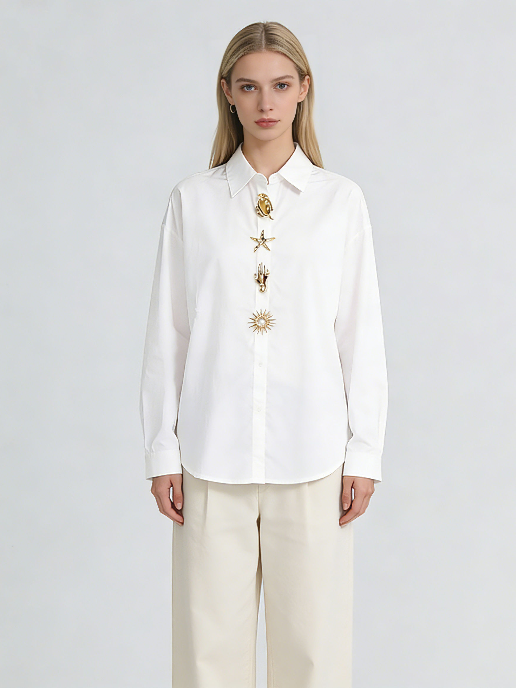 TWOTWINSTYLE Lapel Spliced Metal Jewelry Long Sleeve Casual Shirt