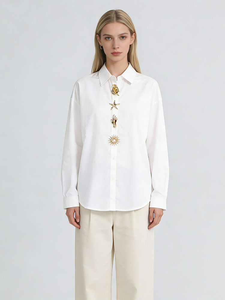 TWOTWINSTYLE Lapel Spliced Metal Jewelry Long Sleeve Casual Shirt