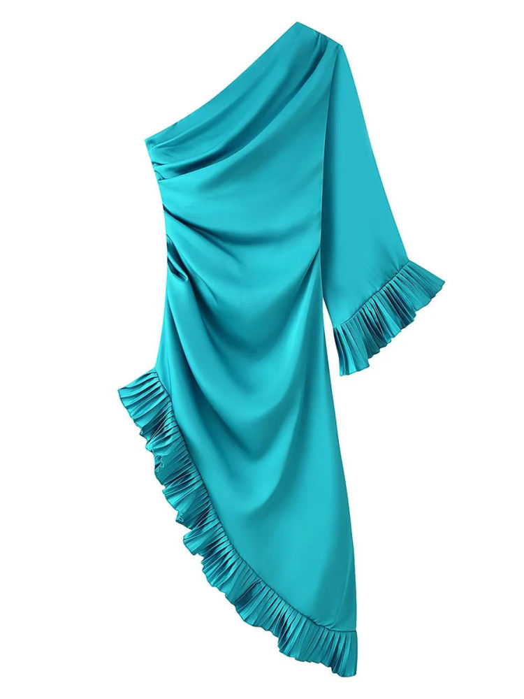 TWOTWINSTYLE Off One Shoulder Patchwork Ruffles Irregular Hem Fashion Dress