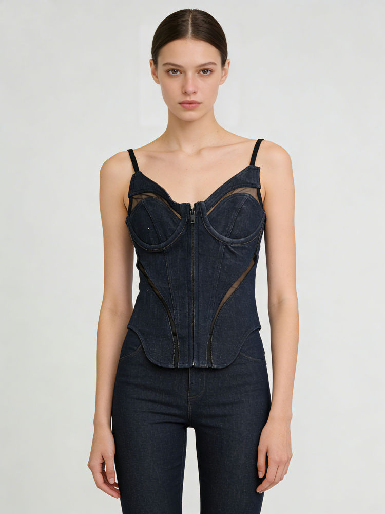 TWOTWINSTYLE Sleeveles Hollow Out High Waist Chic Denim Vest