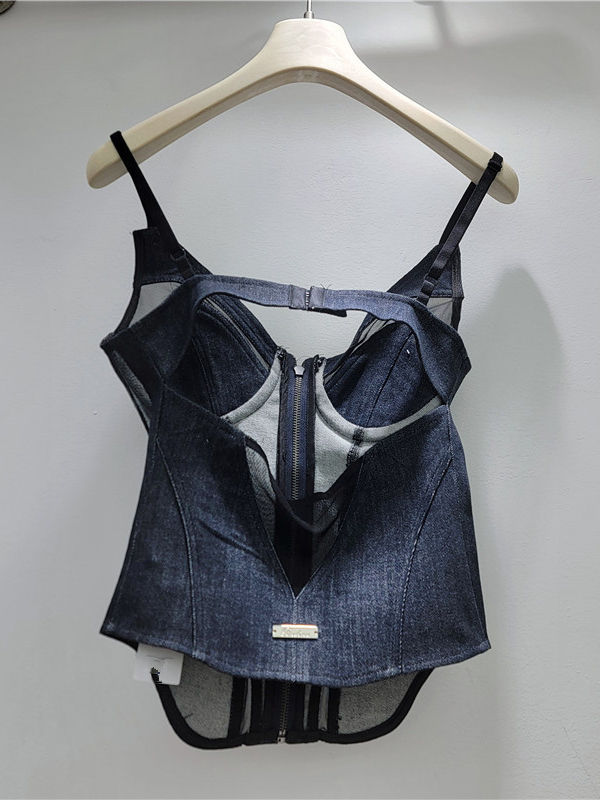 TWOTWINSTYLE Sleeveles Hollow Out High Waist Chic Denim Vest