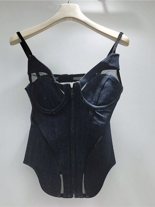 TWOTWINSTYLE Sleeveles Hollow Out High Waist Chic Denim Vest