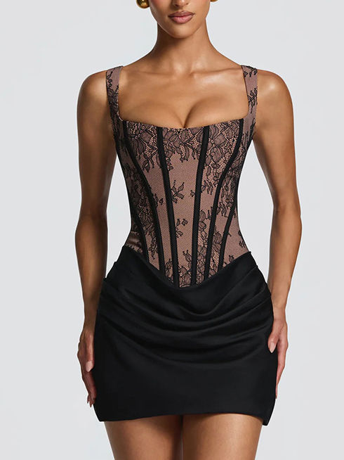 TWOTWINSTYLE Spliced Mesh Ruched Designer Mini Dress