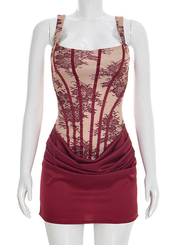 TWOTWINSTYLE Spliced Mesh Ruched Designer Mini Dress