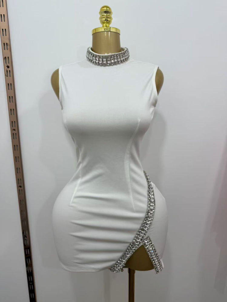 TWOTWINSTYLE Stand Collar Patchwork Diamond Side Split Designer Dress