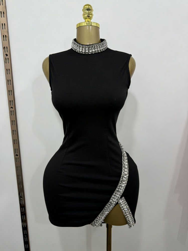 TWOTWINSTYLE Stand Collar Patchwork Diamond Side Split Designer Dress