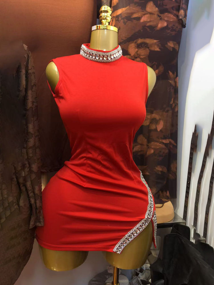 TWOTWINSTYLE Stand Collar Patchwork Diamond Side Split Designer Dress