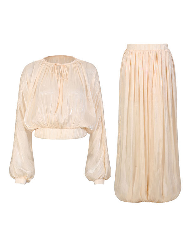 TWOTWINSTYLE Round Neck Long Sleeve Crop Top Loose Pants Casual Set