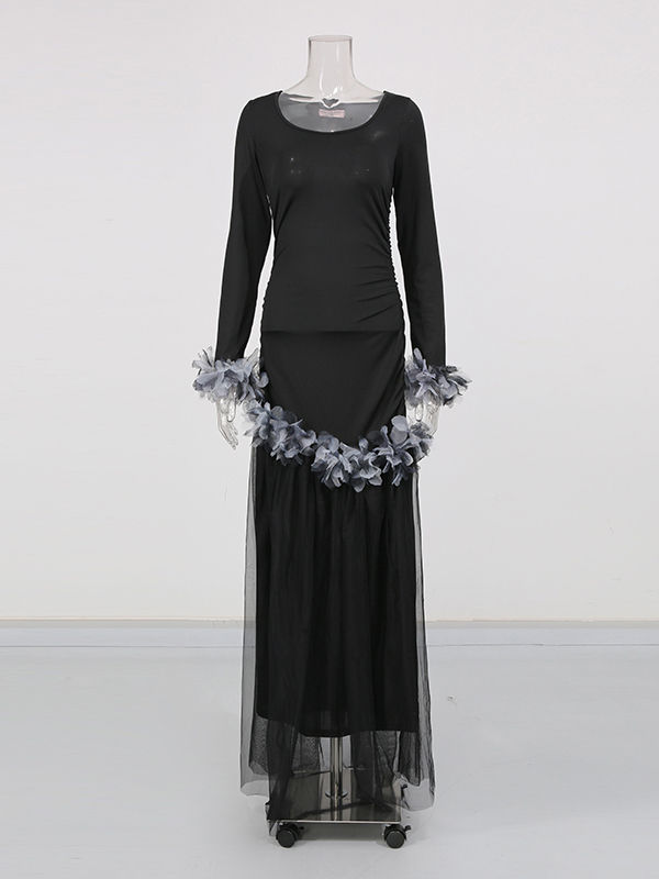 TWOTWINSTYLE Round Neck Patchwork 3D Flower Designer Dress