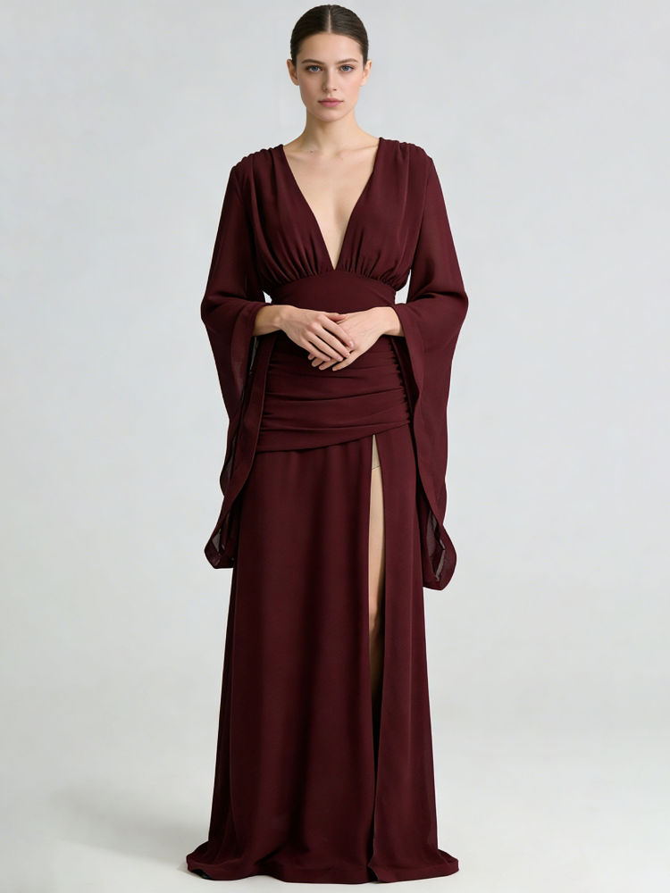 TWOTWINSTYLE Deep V Neck Bell Sleeve Side Split Chic Dress