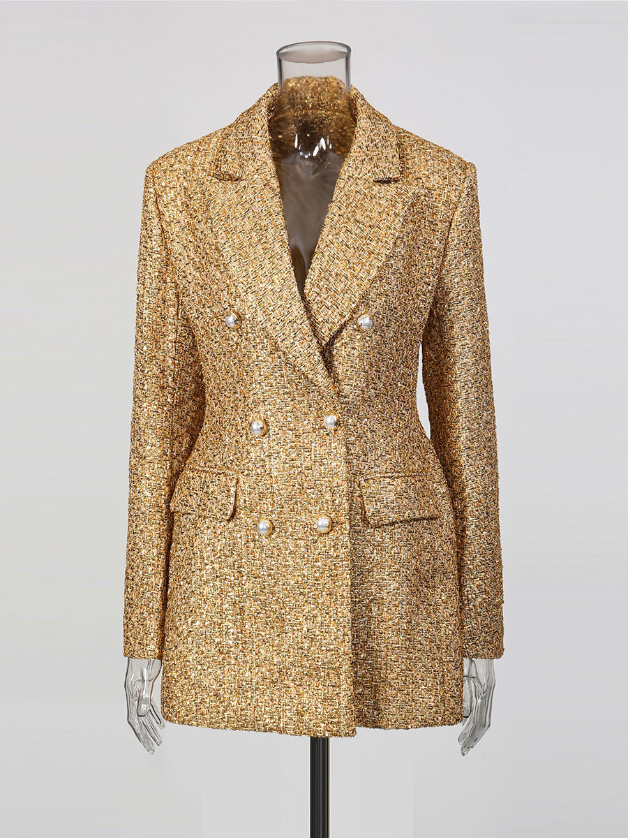 TWOTWINSTYLE Lapel Long Sleeve Patchwork Sequins Temperament Dress