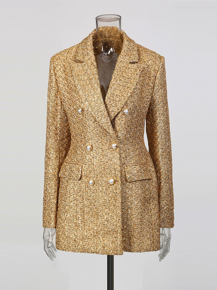 TWOTWINSTYLE Lapel Long Sleeve Patchwork Sequins Temperament Dress