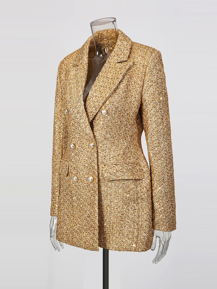 TWOTWINSTYLE Lapel Long Sleeve Patchwork Sequins Temperament Dress