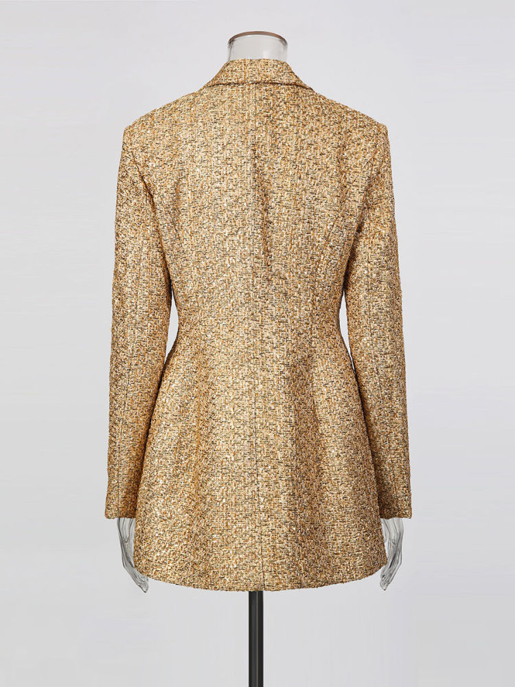 TWOTWINSTYLE Lapel Long Sleeve Patchwork Sequins Temperament Dress