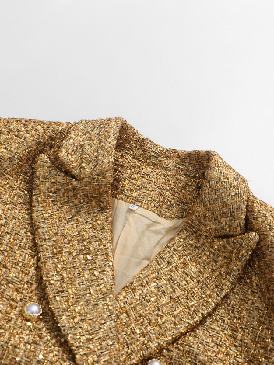 TWOTWINSTYLE Lapel Long Sleeve Patchwork Sequins Temperament Dress