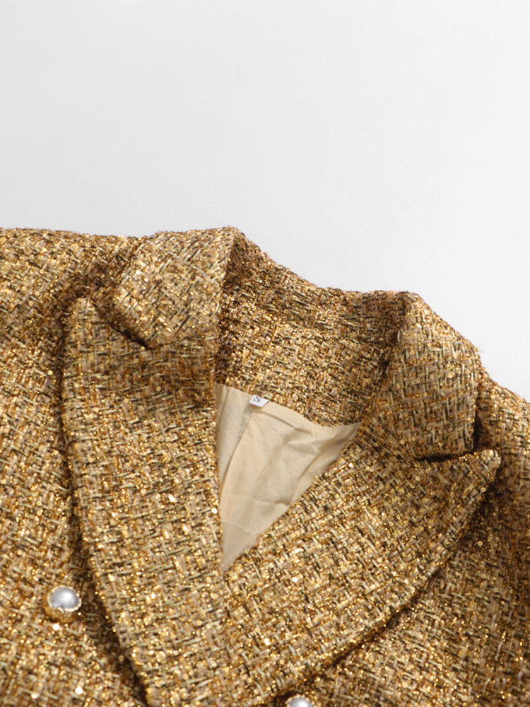 TWOTWINSTYLE Lapel Long Sleeve Patchwork Sequins Temperament Dress