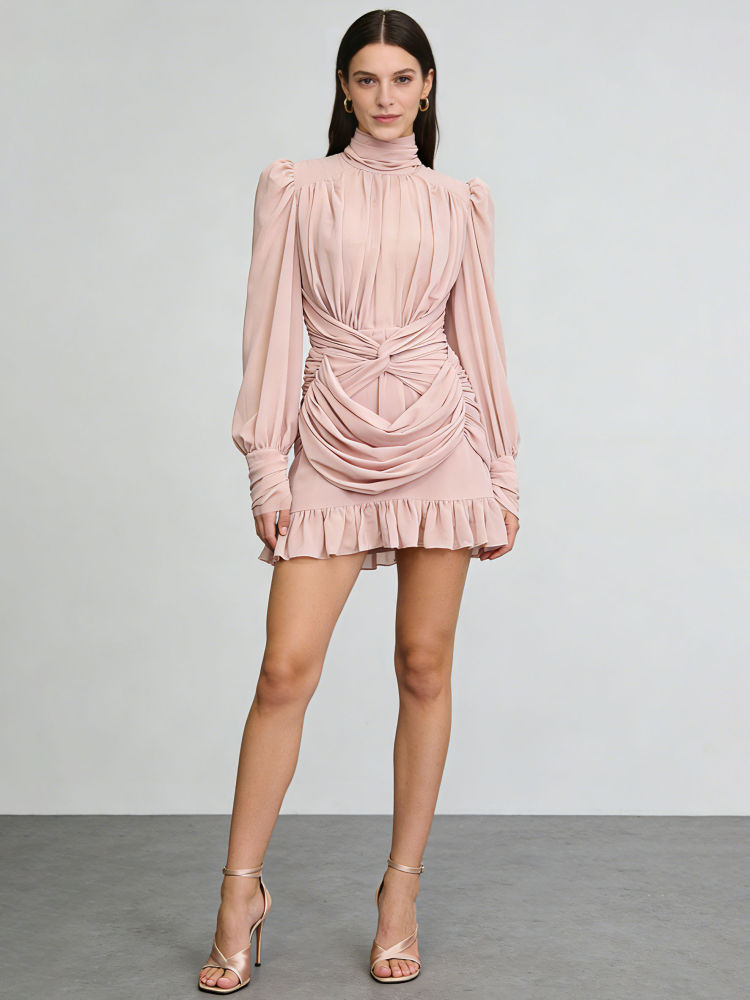 TWOTWINSTYLE Stand Collar Long Sleeve Pleated Chic Mini Dress