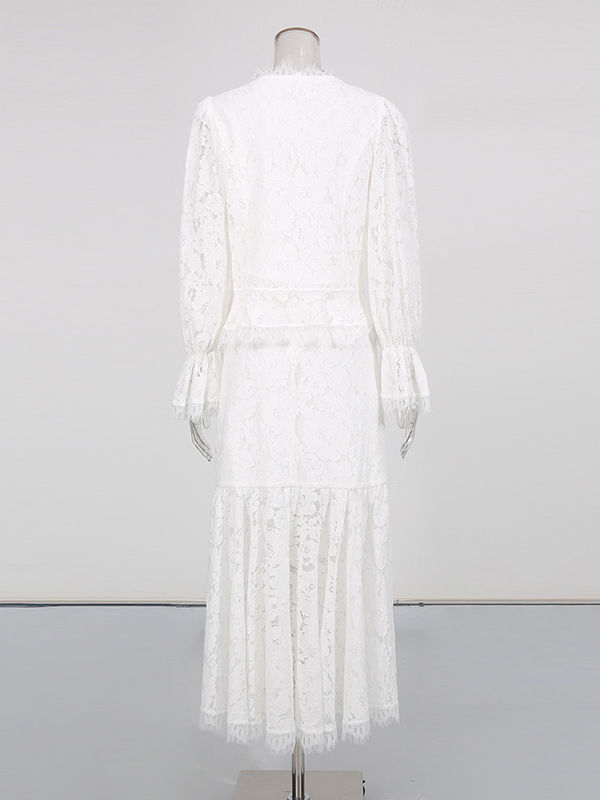 TWOTWINSTYLE V Neck Bell Sleeve Lace Top High Waist Designer Dress