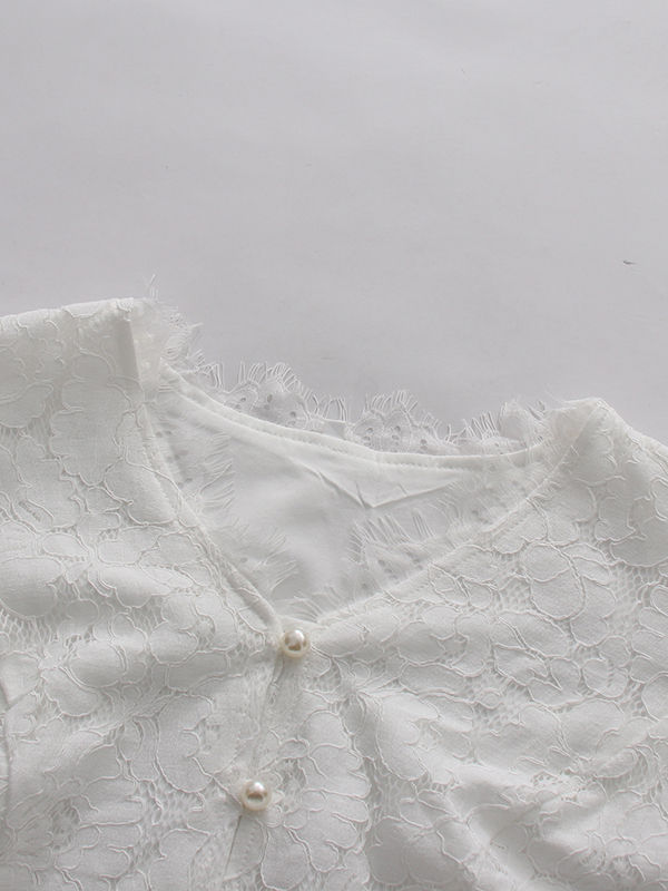 TWOTWINSTYLE V Neck Bell Sleeve Lace Top High Waist Designer Dress