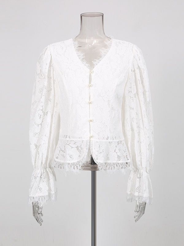 TWOTWINSTYLE V Neck Bell Sleeve Lace Top High Waist Designer Dress