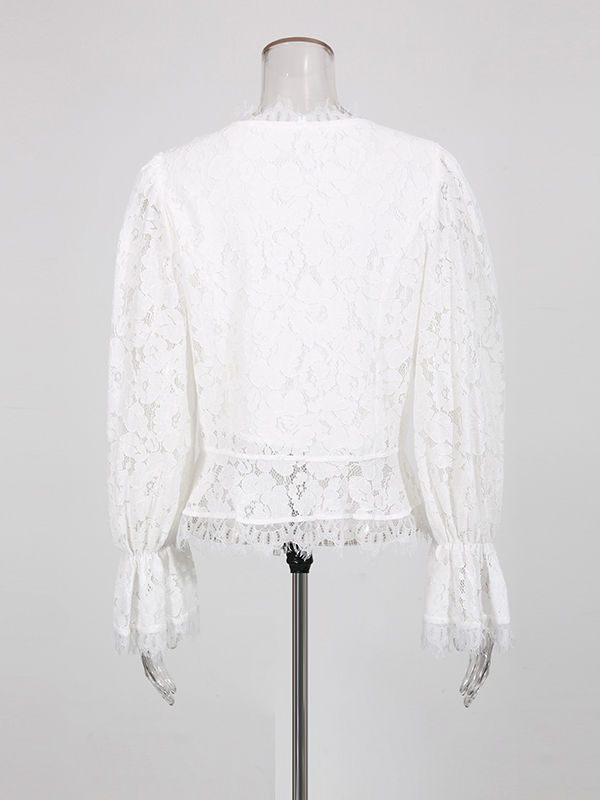TWOTWINSTYLE V Neck Bell Sleeve Lace Top High Waist Designer Dress