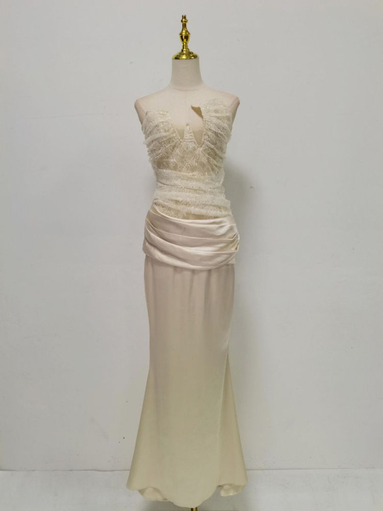 TWOTWINSTYLE Patchwork Lace Pleated Strapless Elegant Dress