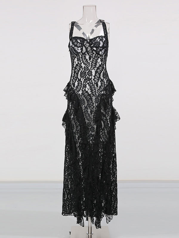 TWOTWINSTYLE Sleeveles Tunic Spliced Lace Ruffles Elegant Dress