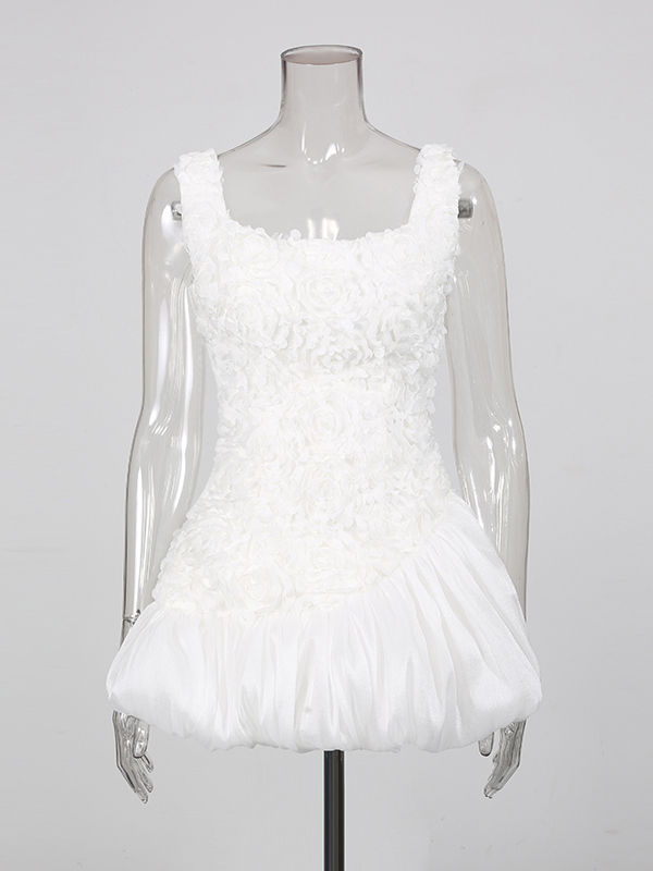TWOTWINSTYLE Square Neck Spliced 3D Flower Tunic Mini Dress