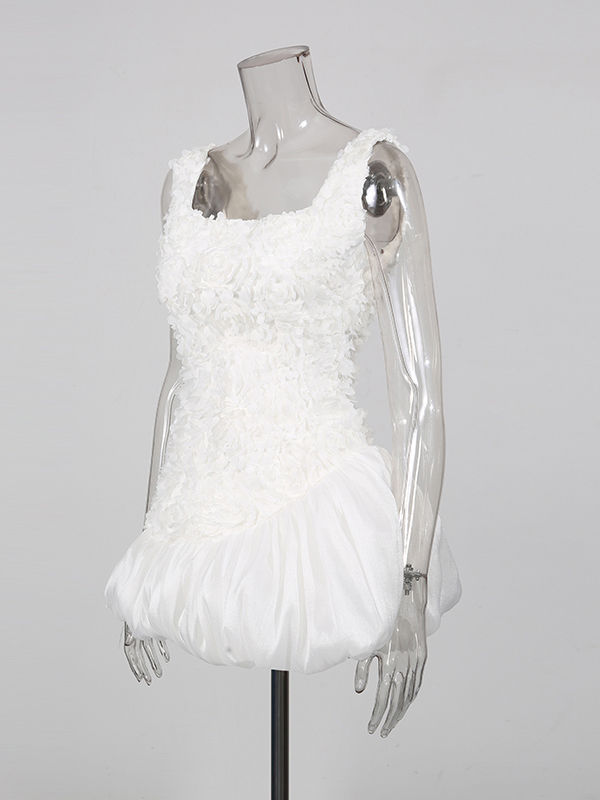 TWOTWINSTYLE Square Neck Spliced 3D Flower Tunic Mini Dress