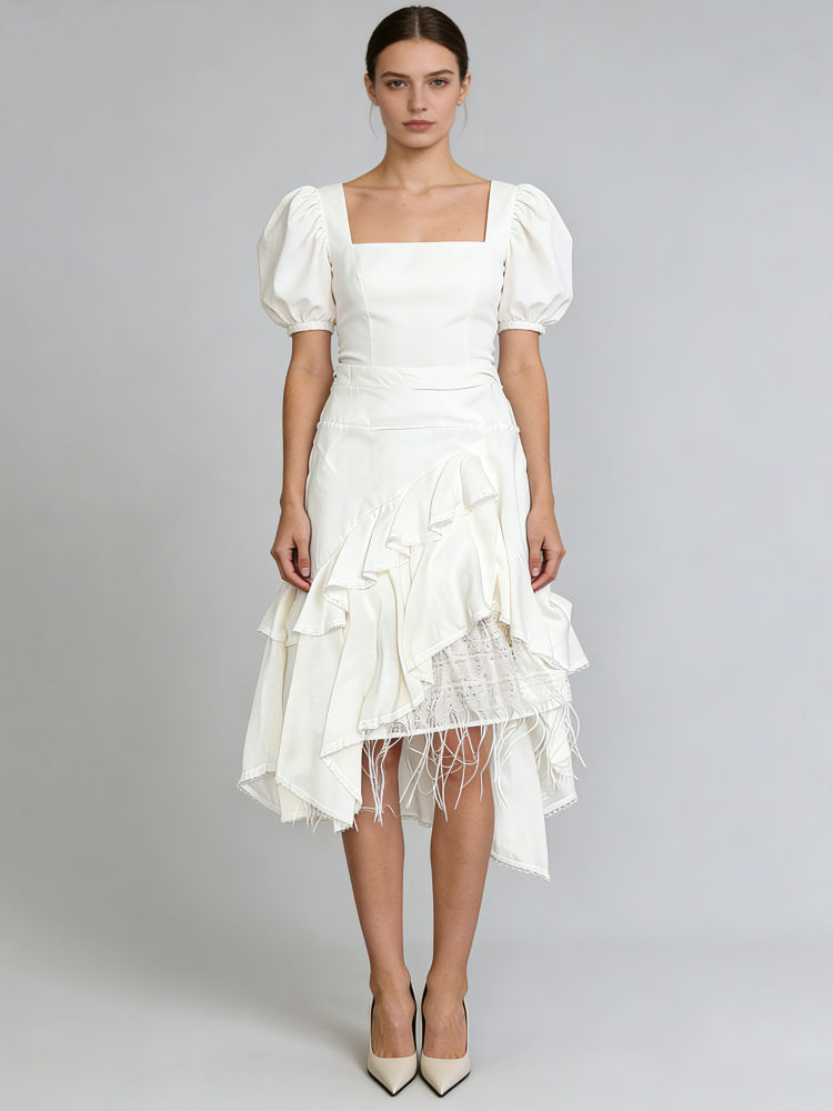 TWOTWINSTYLE High Waist Patchwork Ruffles Irregular Hem Elegant Skirt