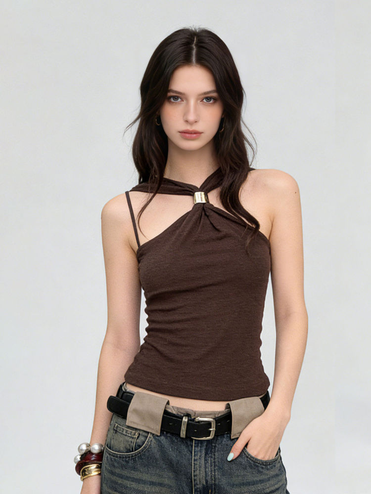 TWOTWINSTYLE Off Shoulder Tunic Spliced Metal Buckle Vintage Vest