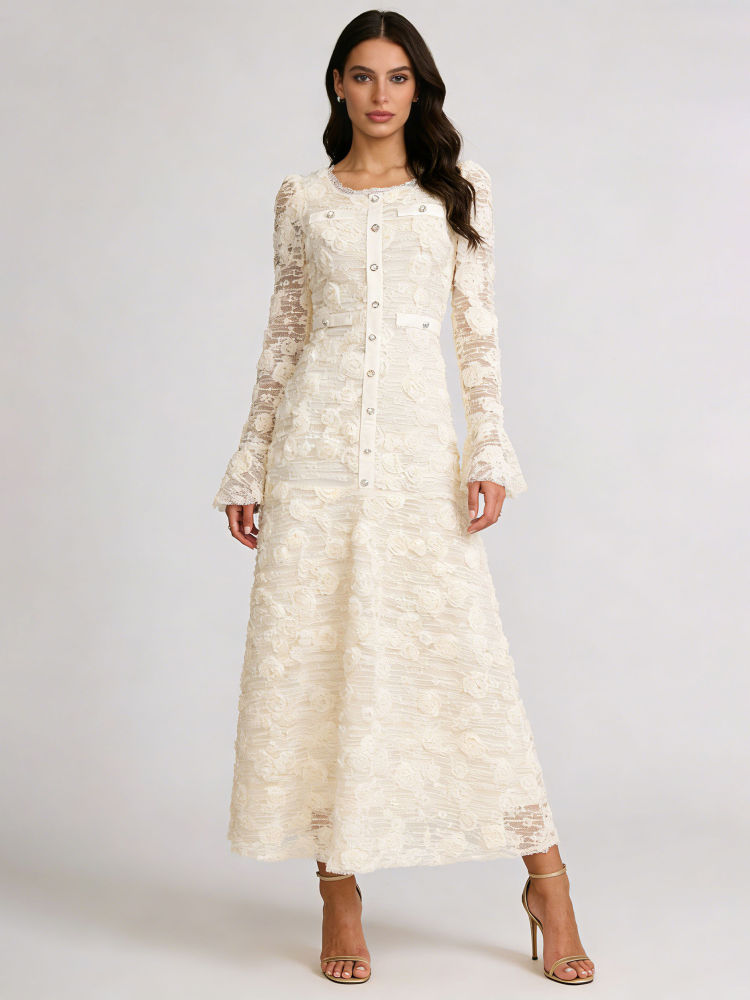 TWOTWINSTYLE Round Neck Long Sleeve Patchwork Lace Elegant Dress
