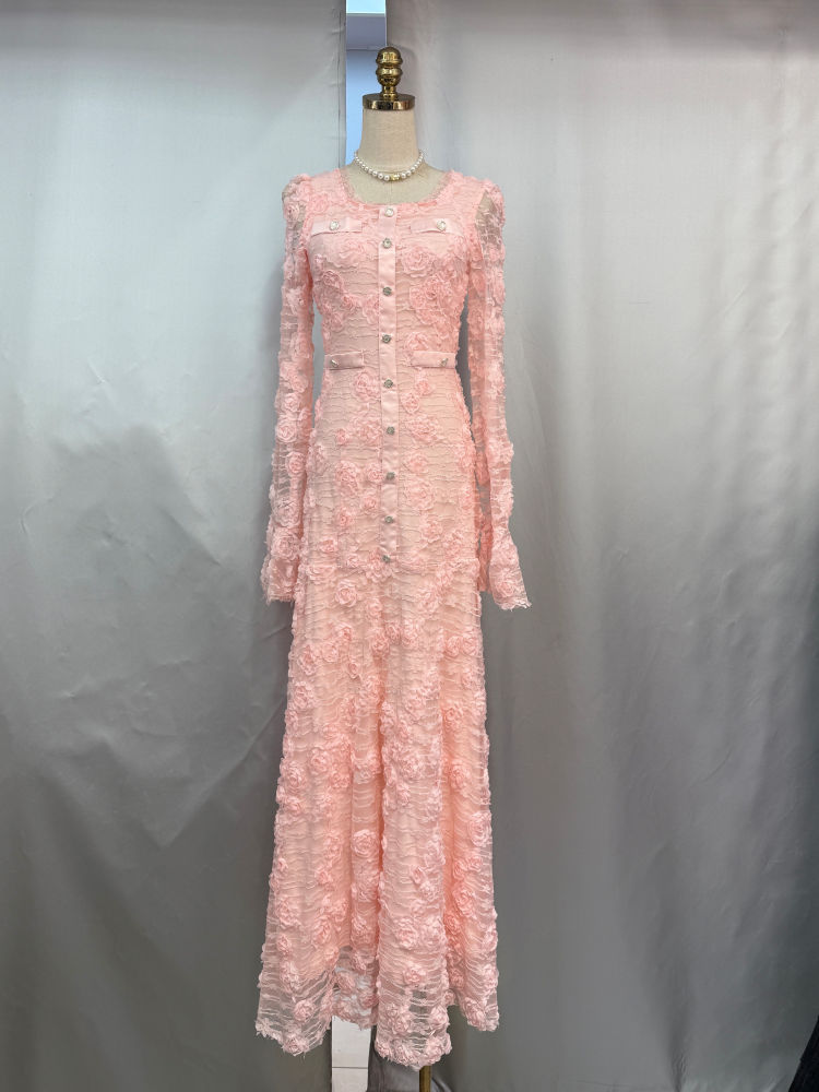 TWOTWINSTYLE Round Neck Long Sleeve Patchwork Lace Elegant Dress